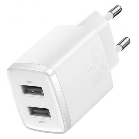 Seinalaadija, Baseus Compact, 2xUSB-porti adapter, 10.5W, 2.1A, 5V - Valge