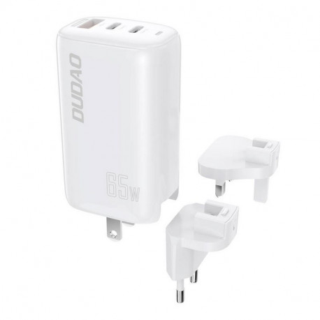 Dudao A7PRO, GaN, Kiirlaadija, EU, US, UK, 1xUSB-A + 2xUSB-C, 65W - White