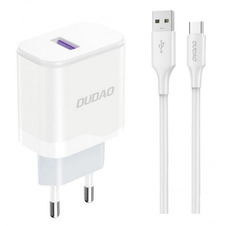 Seinalaadija, Kiirlaadija QC3.0, 1xUSB-port adapter + Type-C juhe, 18W, 1.0m - Valge