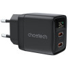 Seinalaadija, Choetech, Kiirlaadija, GaN, 2xUSB Type-C, PD, Quick Charger, 35W - Must