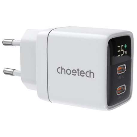 Seinalaadija, Choetech, Kiirlaadija, GaN, 2xUSB Type-C, PD, Quick Charger, 35W - Valge
