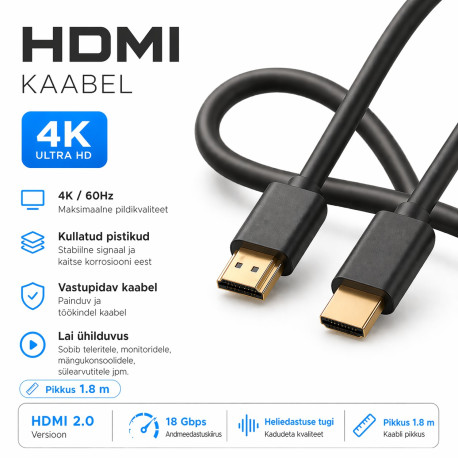 Nutipesa, kaabel, HDMI Male/HDMI Male, v2.0, 4K, 3840x2160, Type A-A, 1.8m - Must
