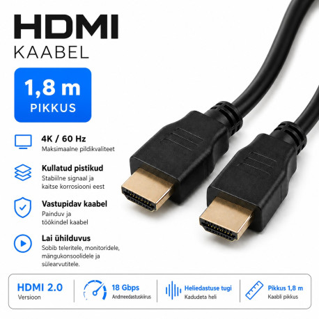 Nutipesa, kaabel, HDMI Male/HDMI Male, v2.0, 4K, 3840x2160, Type A-A, 1.8m - Must