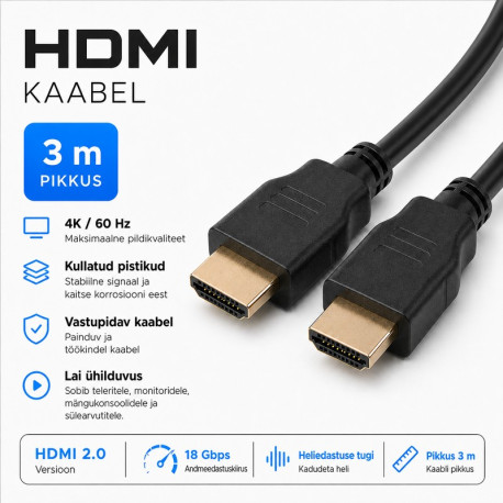 Nutipesa, kaabel, HDMI Male/HDMI Male, v2.0, 4K, 3840x2160, Type A-A, 3m - Must