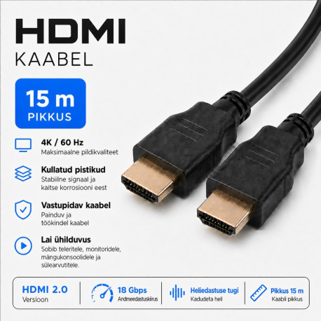 Nutipesa, kaabel, HDMI Male/HDMI Male, v2.0, 4K, 3840x2160, Type A-A, 15m - Must