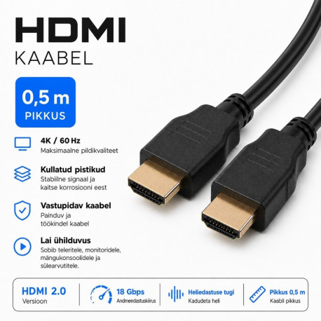 Nutipesa, kaabel, HDMI Male/HDMI Male, v2.0, 4K, 3840x2160, Type A-A, 0.5m - Must