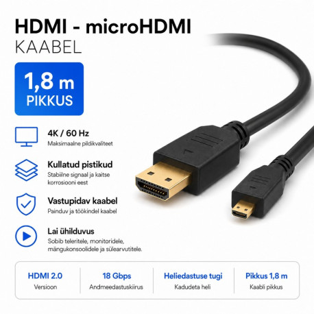Kaabel, Juhe, HDMI Male/microHDMI Male, v2.0, 4K, 3840x2160, Type A-D, 1.8m - Must