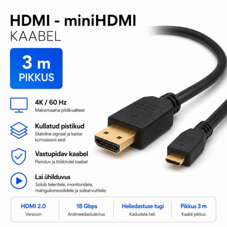 Kaabel, Juhe, HDMI Male/miniHDMI Male, v2.0, 4K, 3840x2160, Type A-C, 3m - Must