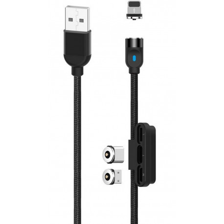 XO Magnetic, Kaabel, juhe USB-A - Type-C, MicroUSB, Lightning, 2.4A, 1.0m - Must